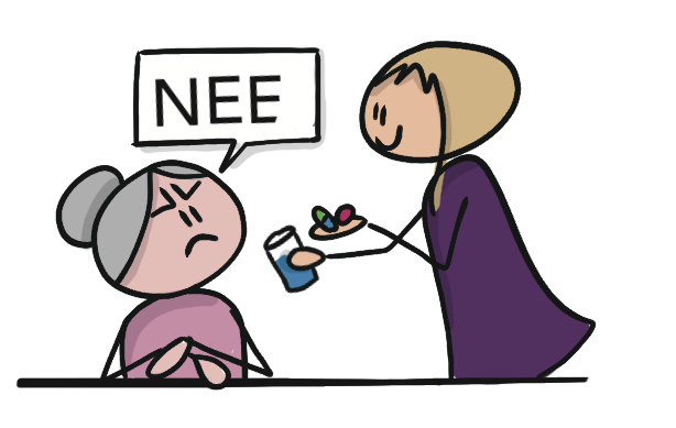 Illustratie waarin zorgmedewerker de bewoner medicatie wil geven en de bewoner weigert